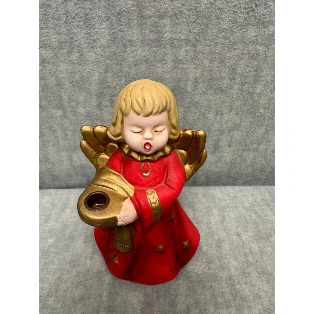 Vintage Red and‎ Gold Ceramic Singing Angel Christmas Candle Holder 7.5in MCM
